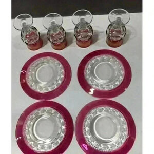 Vintage Tiffin Co Cranberry Kings Crown Glass Goblet & Lunch Plates Set Of 8